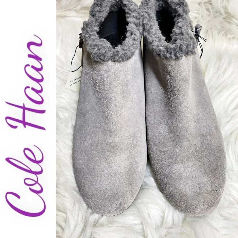 NWOB COLE HAAN Grand OS Callie Waterproof Suede Shearling Wedge Bootie‎ Gray, 10